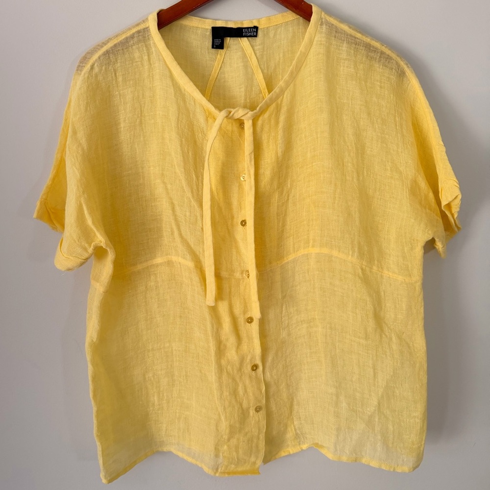 Eileen Fisher Yellow 100% Linen Sheer Button Front Cardigan Blouse Size Small